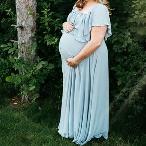 Pink Blush RSVP Sugar Lips Light Blue Chiffon Off Shoulder Maternity Gown, 1X